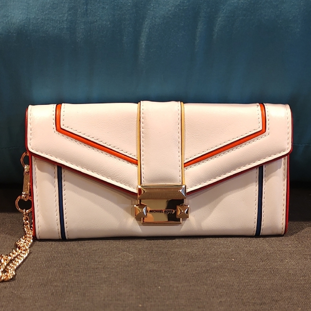 Michael Kors Leather White W/Gold Clutch with Rainbow Lines Design